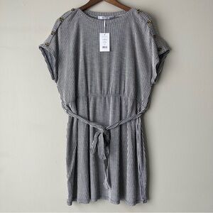 Blue Orchid Striped Casual Dress Belted Waist Button Shoulder Detail